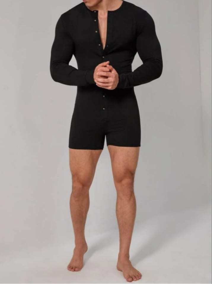 Men's Solid Button Front Sleep Romper